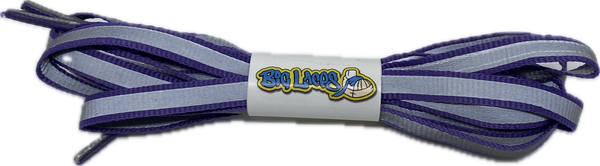a pair of flat 10mm wide violet purple shoelaces with a reflective strip
