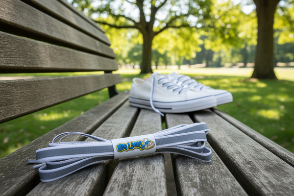 a pair of flat 10mm wide white shoelaces with a reflective strip
