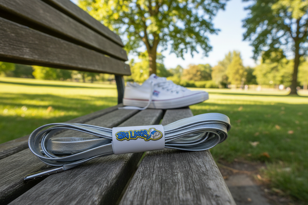 a pair of Silver PU leather shoelaces