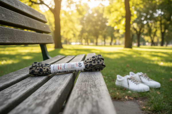 a pair of light brown shoelaces with a black splatter pattern