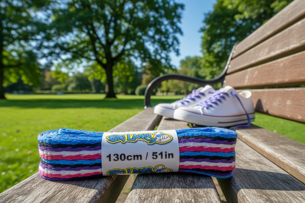 a pair of flat stripy blue black white pink purple shoelaces for shoes