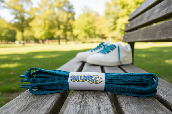a pair of flat teal 10mm wide shoelaces