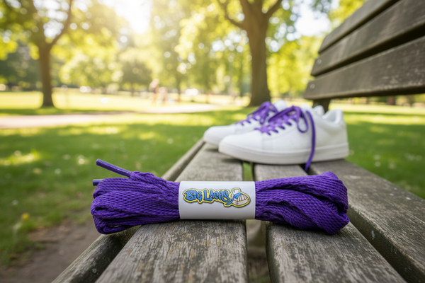 a pair of flat violet 10mm wide shoelaces