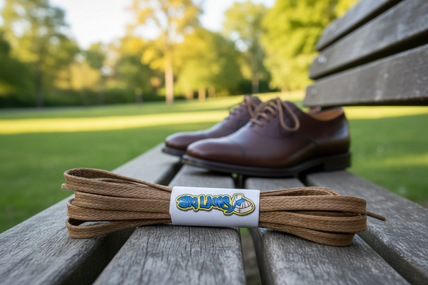 a pair of flat light brown waxed cotton shoelaces