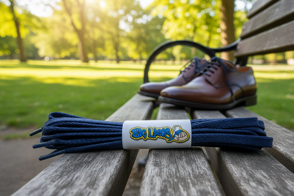 a pair of flat navy blue waxed cotton shoelaces