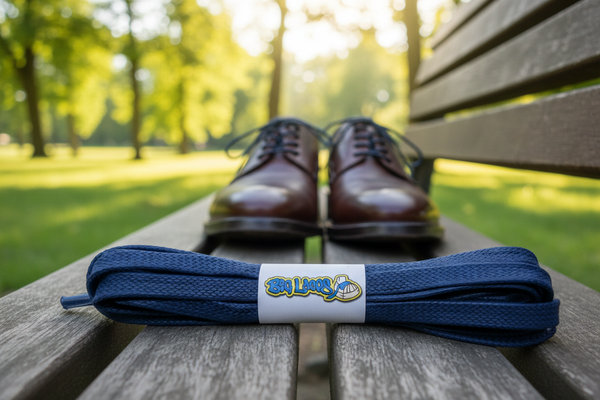 a pair of flat navy blue waxed cotton shoelaces