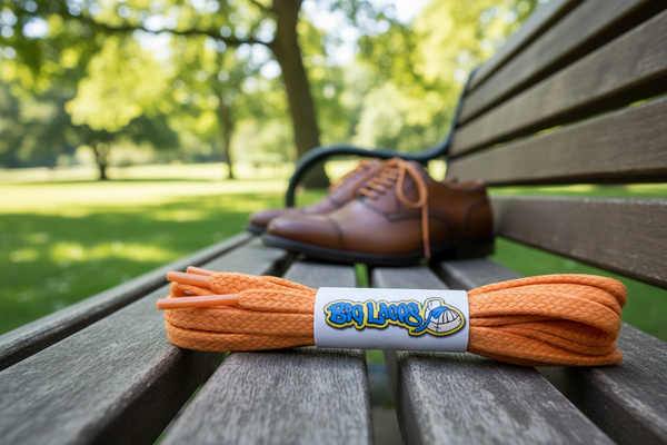 a pair of flat orange waxed cotton shoelaces