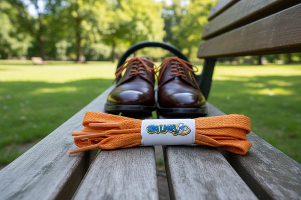 a pair of flat orange waxed cotton shoelaces