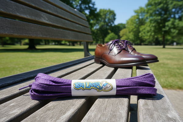 a pair of flat purple waxed cotton shoelaces