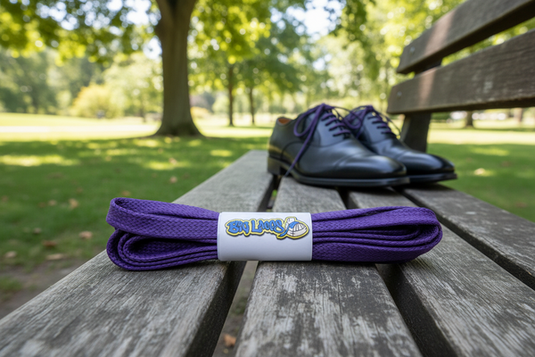 a pair of flat purple waxed cotton shoelaces