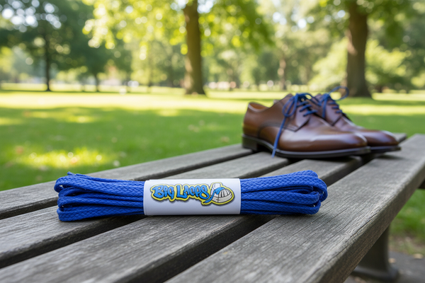 a pair of flat royal blue waxed cotton shoelaces