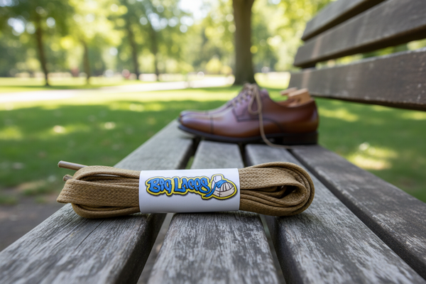 a pair of flat light brown waxed cotton shoelaces