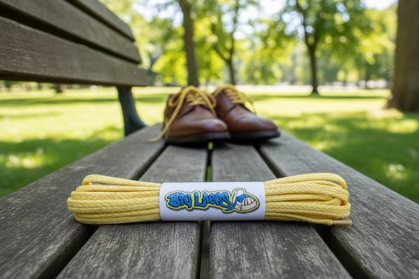 a pair of flat yellow waxed cotton shoelaces