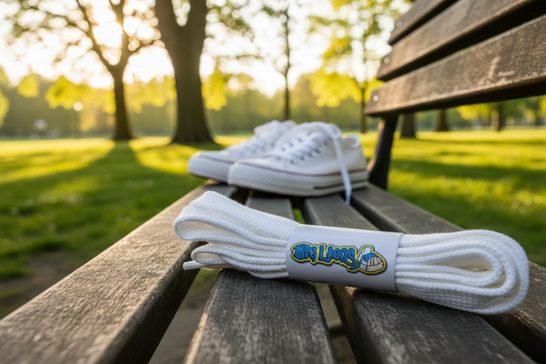 a pair of flat white cotton shoelaces
