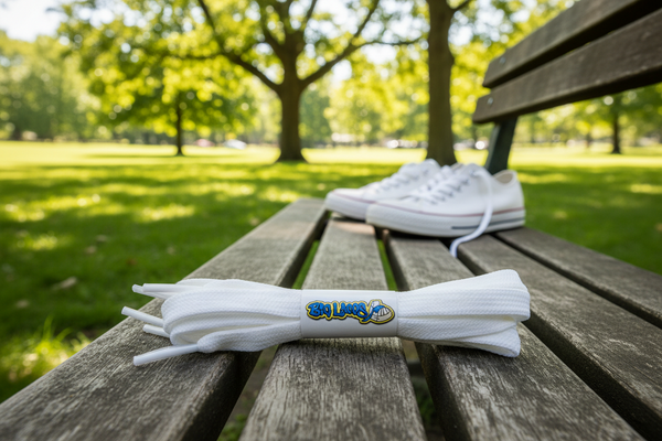 a pair of flat white cotton shoelaces
