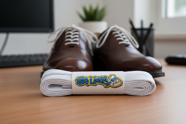 a pair of flat white 5mm wide shoelaces for formal shoes