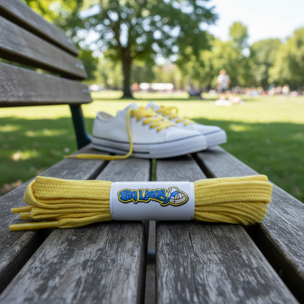 a pair of flat yellow cotton shoelaces
