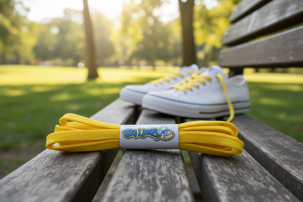 a pair of flat yellow shoelaces