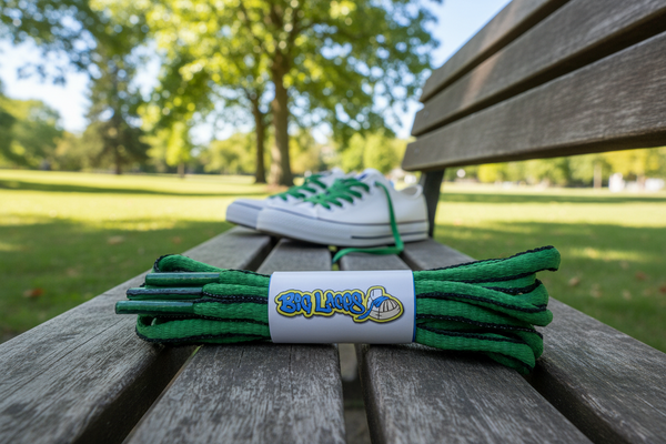 a pair of oval kelly green and black shoelaces for running shoes