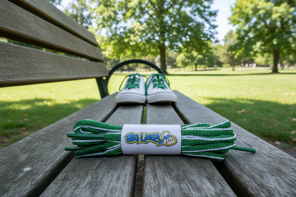 a pair of oval kelly green and white shoelaces for running shoes