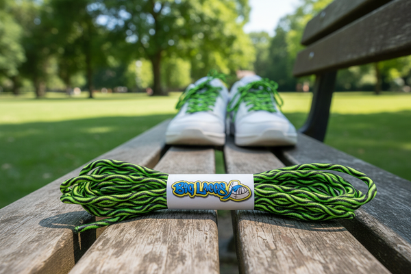 a pair of neon green with black swirl elastic lock shoelaces