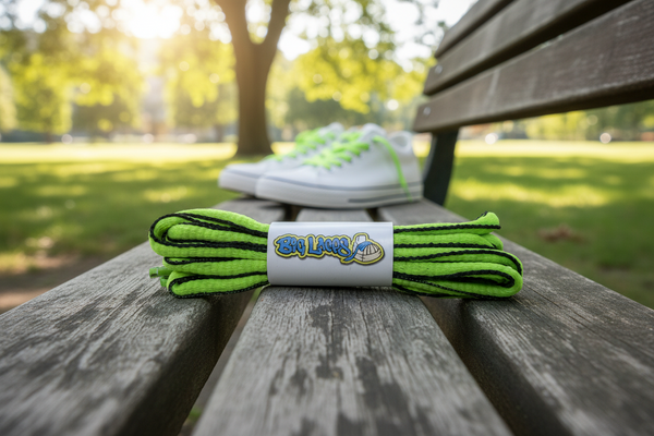 a pair of oval neon green and black shoelaces for running shoes