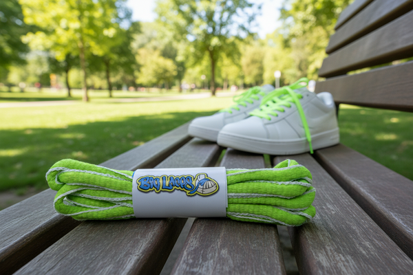 a pair of oval neon green and white shoelaces for running shoes