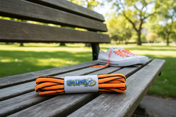 a pair of oval neon orange and black shoelaces for running shoes