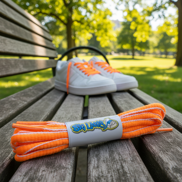 a pair of oval neon orange and white shoelaces for running shoes