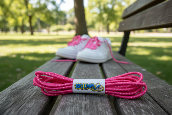 a pair of neon pink with white fleck elastic lock shoelaces