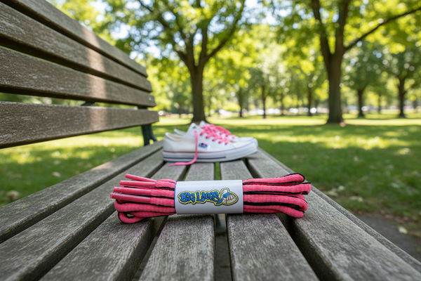 a pair of oval neon pink and black shoelaces for running shoes