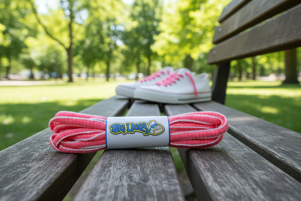 a pair of oval neon pink and white shoelaces for running shoes