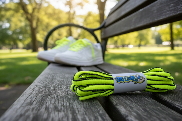 a pair of oval neon yellow and black shoelaces for running shoes