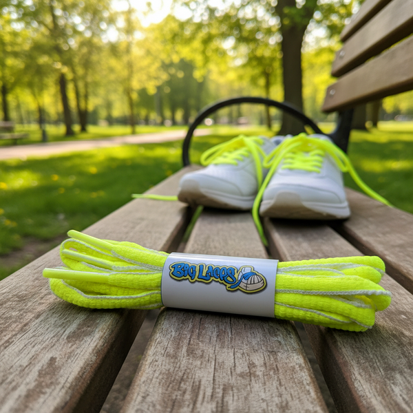 a pair of oval neon yellow and white shoelaces for running shoes