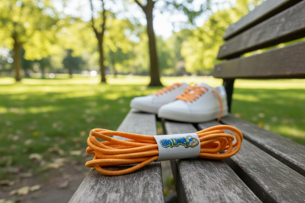 a pair of orange with white fleck elastic lock shoelaces