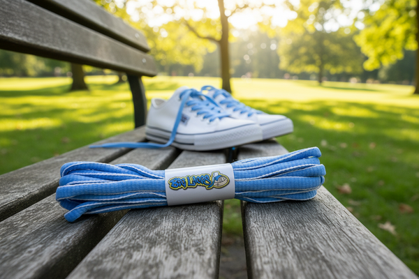 a pair of oval baby blue and white shoelaces
