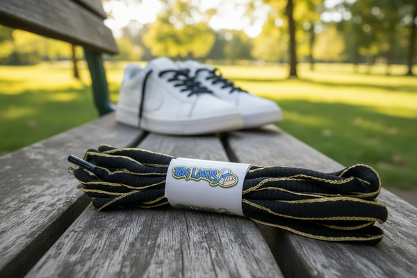 a pair of oval black and gold shoelaces
