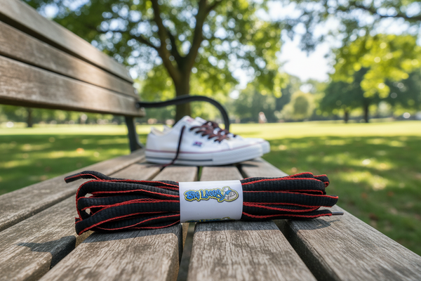 a pair of oval black and red shoelaces
