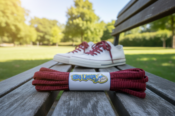 a pair of oval burgundy shoelaces