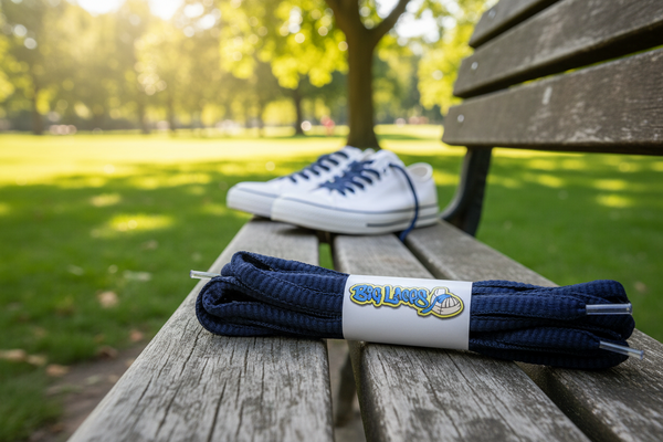 a pair of oval dark navy blue shoelaces