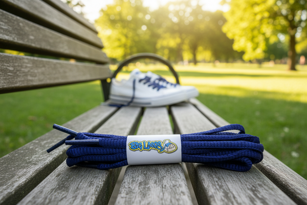 a pair of oval french navy blue shoelaces