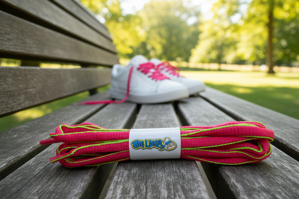 a pair of oval hot pink and neon green shoelaces
