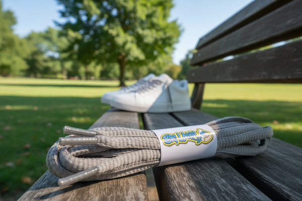 a pair of oval light grey shoelaces