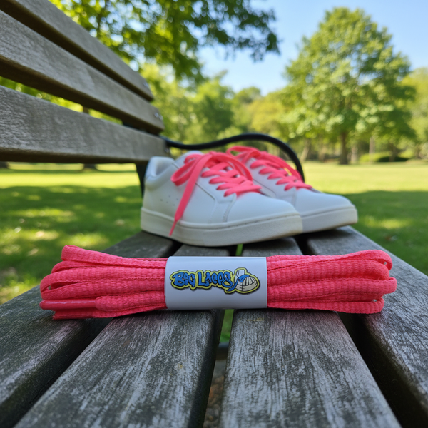 a pair of oval neon pink shoelaces
