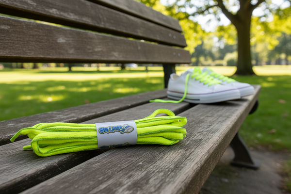 a pair of oval yellow and green shoelaces
