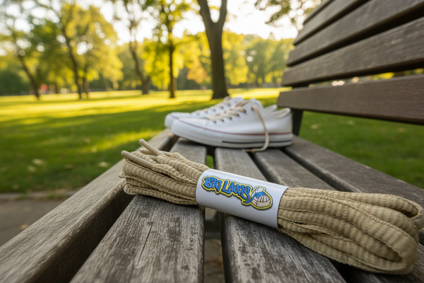 a pair of oval oatmeal beige shoelaces