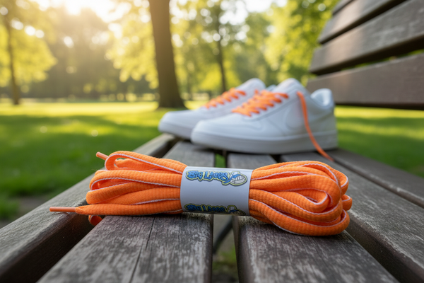 a pair of oval orange and white shoelaces
