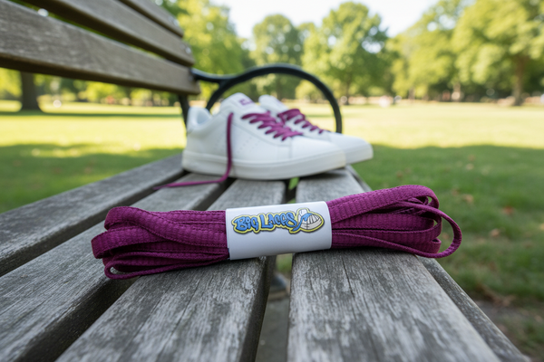 a pair of oval plum shoelaces