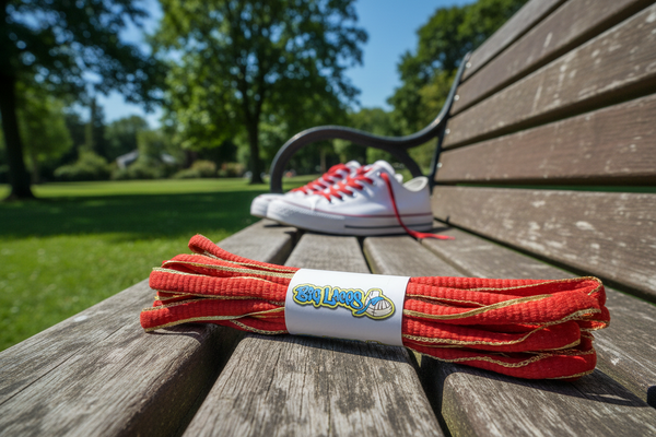 a pair of oval red and gold shoelaces

