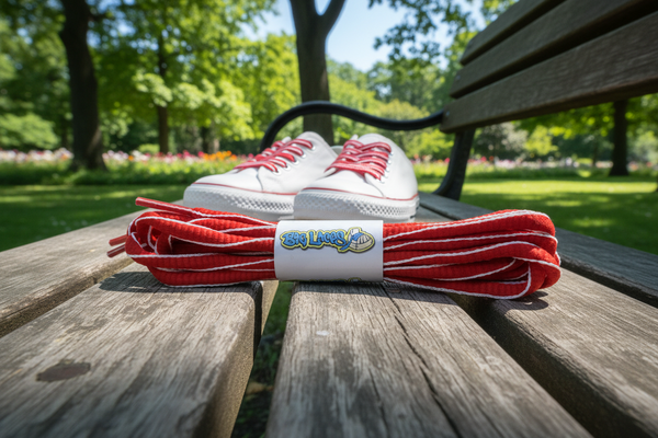 a pair of oval red and white shoelaces
